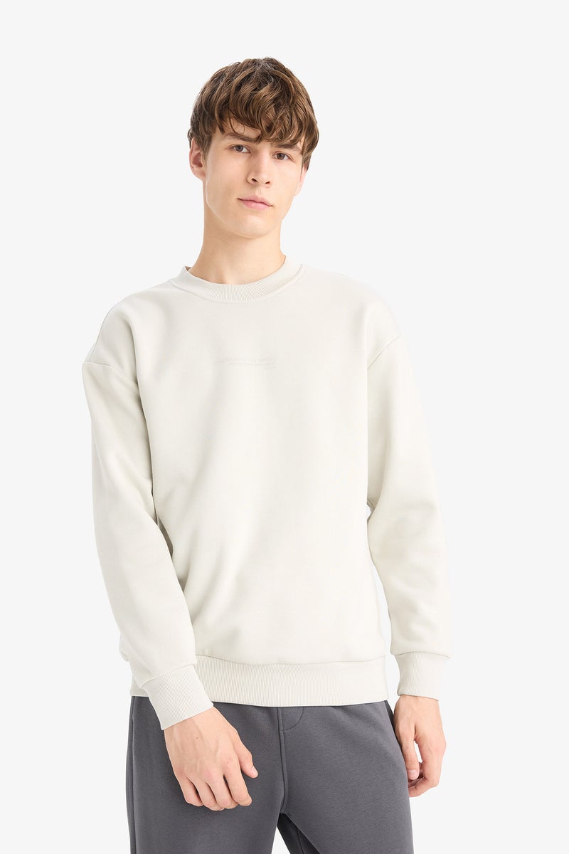DeFacto Beige Man Boxy Fit Printed Crew Neck Long Sleeve Sweatshirt Casual - Image 4